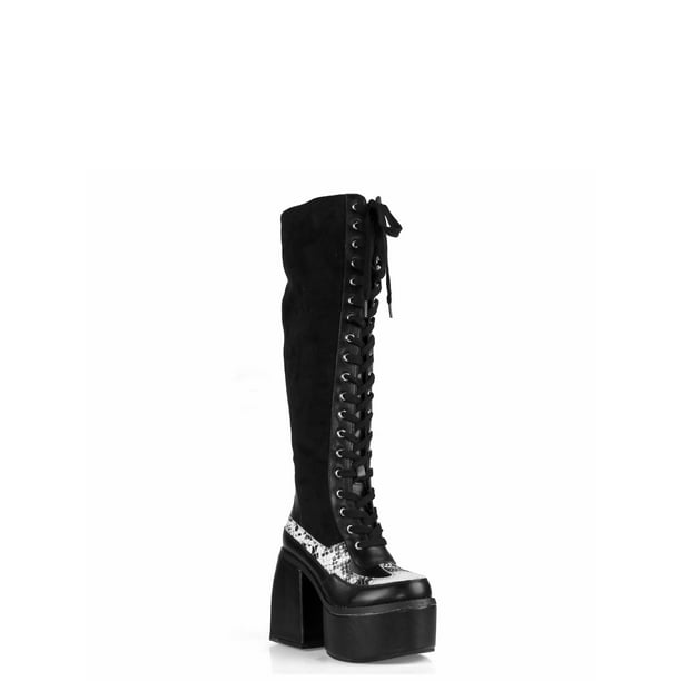 Black Roses Platform Knee High Gothic Festival Buckle Boots Motorcycle Womans 